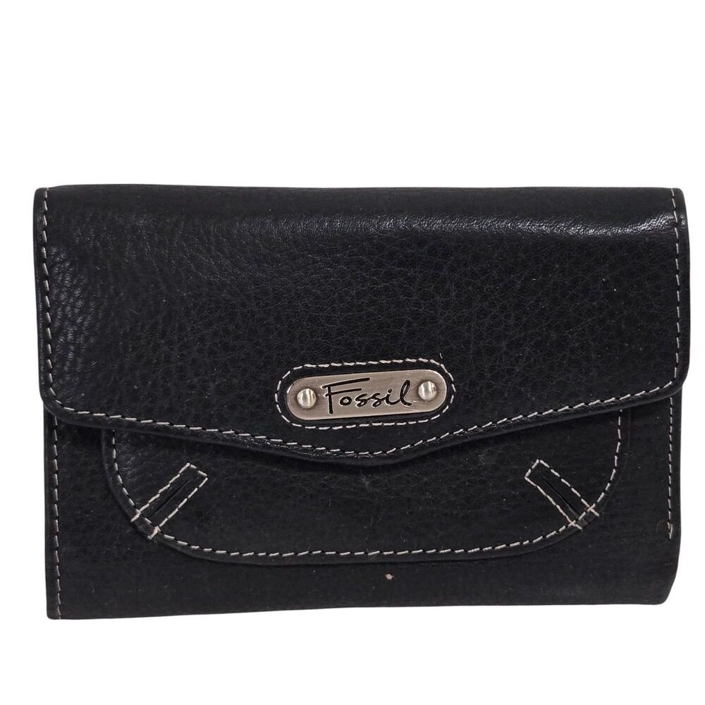 Fossil Vintage Trifold Black Leather Wallet Expandable Snap close Organizer 5.5"